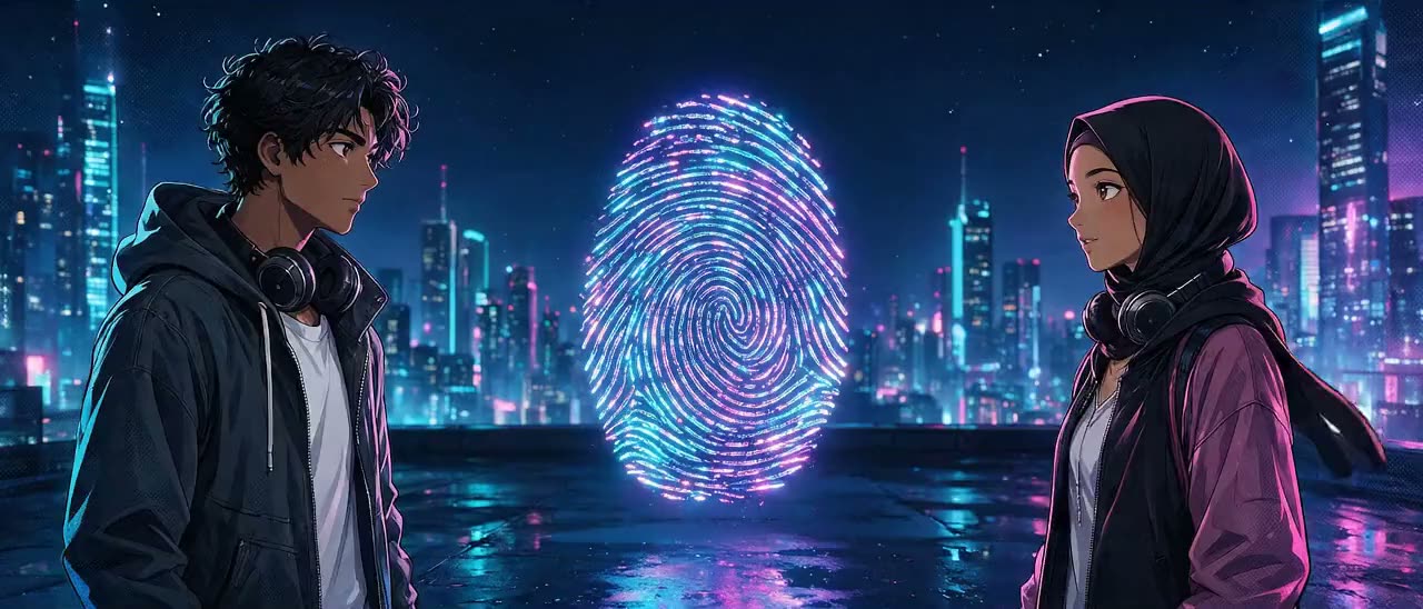 AniPrint's original Kaito and Hana characters facing a luminous fingerprint