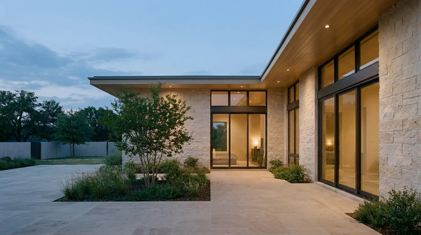Visualisation: a limestone courtyard house at dusk, from the Courtyard House showroom concept