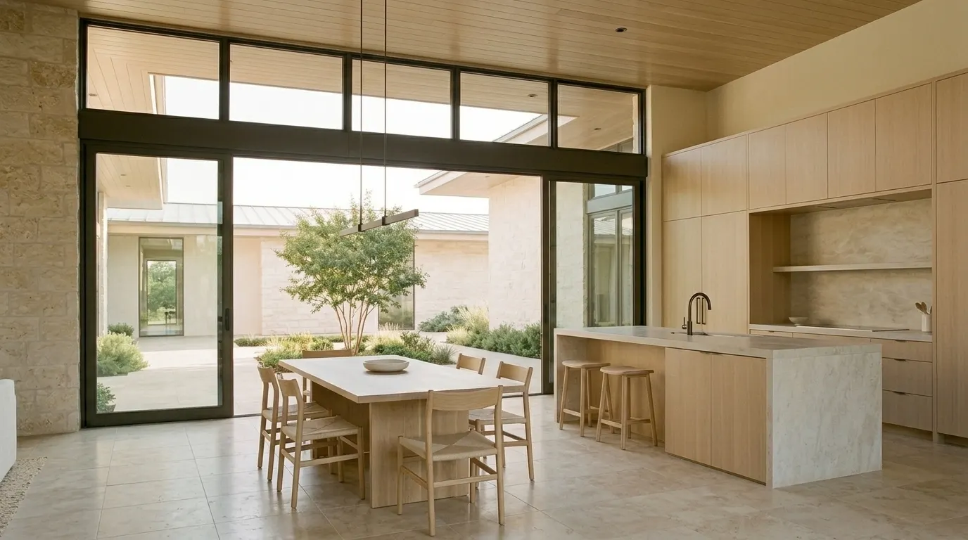Visualisation: an oak kitchen with a stone island and a long dining table beside the courtyard glazing