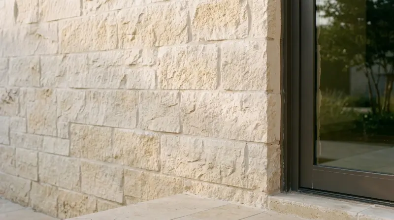 Visualisation: split-face limestone wall meeting a bronze-framed window