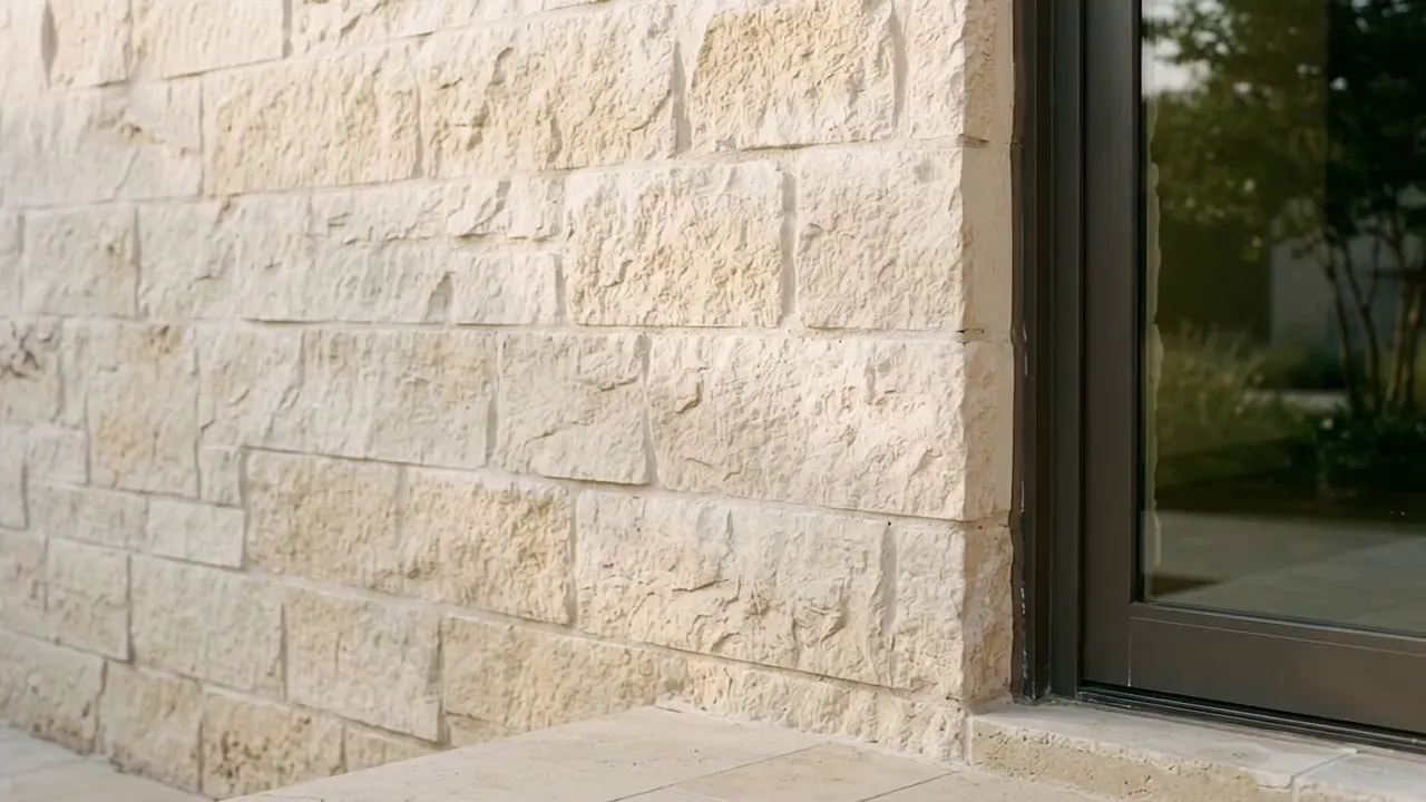 Visualisation: a close still of split-face limestone meeting a bronze window frame