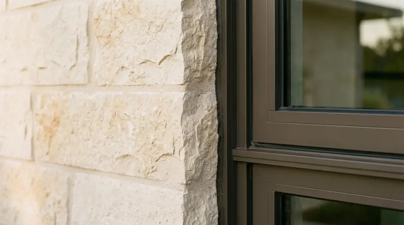 Visualisation: a slim dark bronze window frame set into a limestone reveal