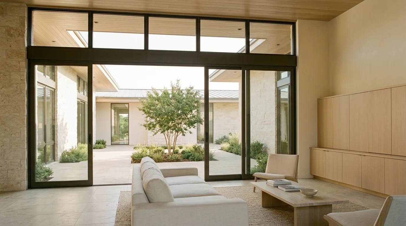 Visualisation: the living room opening through full-height sliding glass to the courtyard