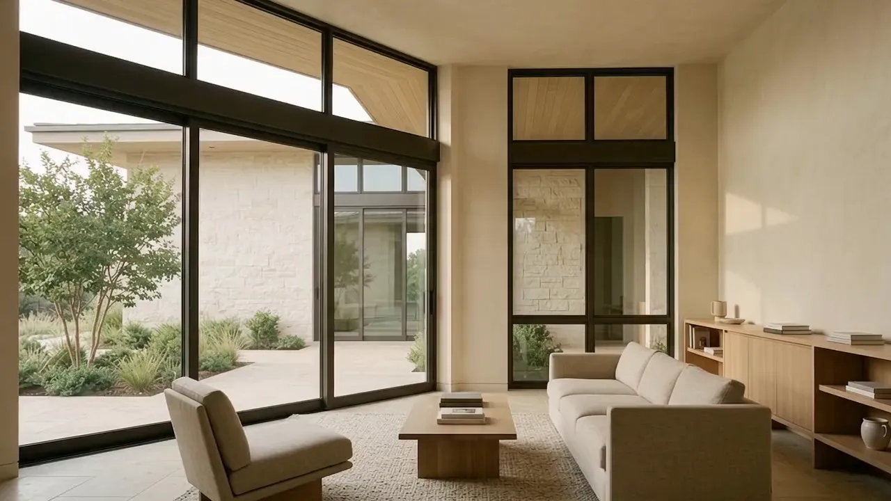 Visualisation: a still from a slow camera move through the living room towards the courtyard