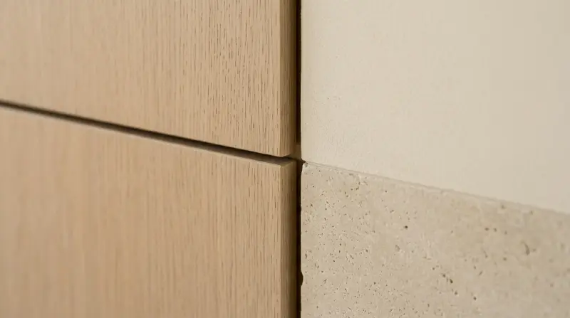 Visualisation: a close view of white oak joinery meeting a plastered wall