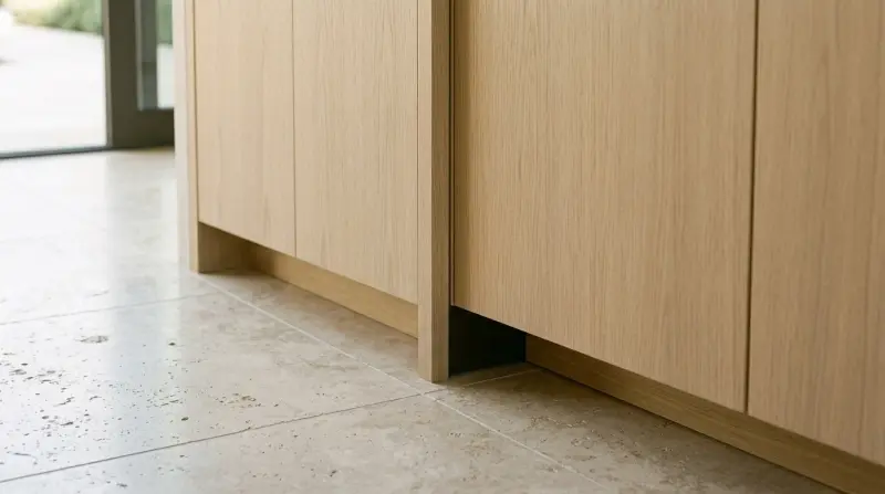 Visualisation: oak cabinetry standing on a honed travertine floor