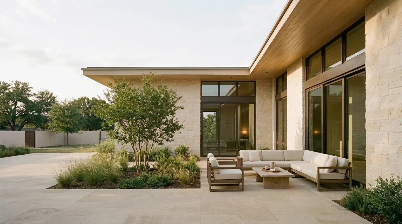 Visualisation: the courtyard terrace of the Courtyard House concept, with limestone walls and an oak soffit