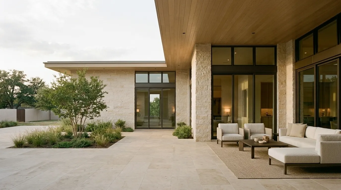 Visualisation: a covered terrace under a deep oak soffit, furnished with low outdoor seating