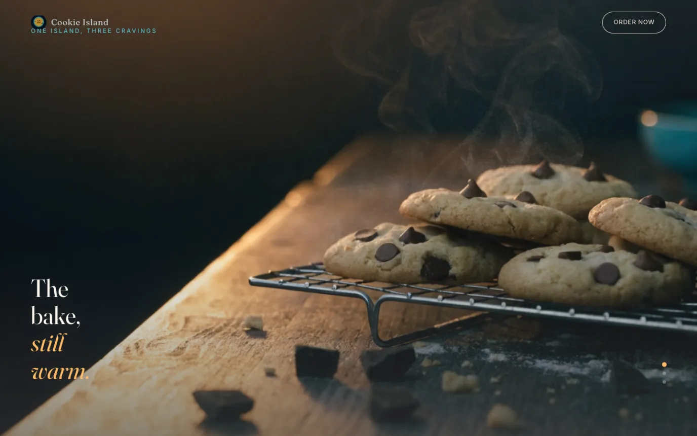 A scroll scene of cookies cooling on a wire rack with the words The bake, still warm