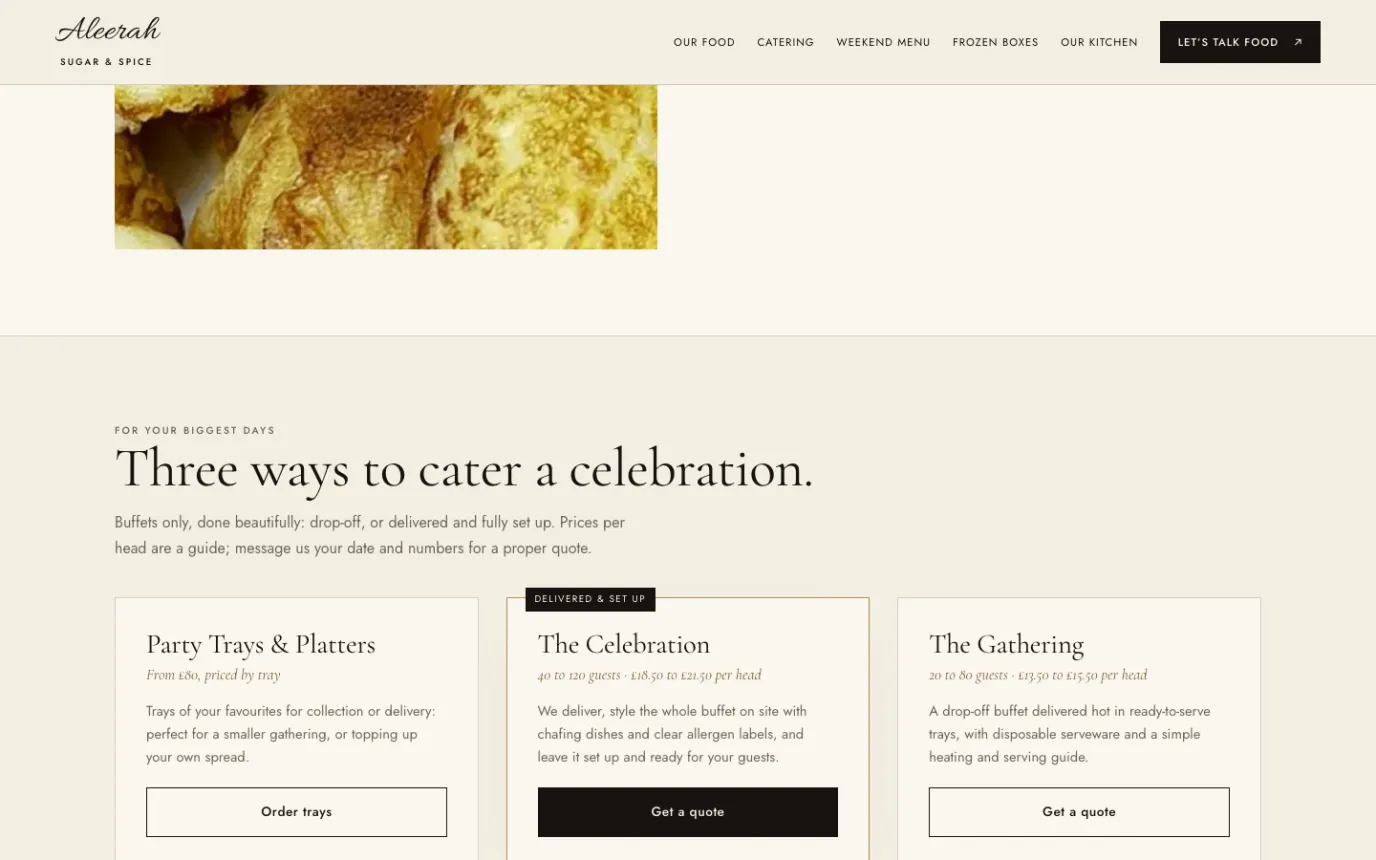 Three catering packages laid out side by side under the heading Three ways to cater a celebration