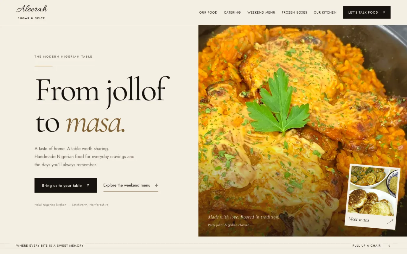 The Aleerah Sugar and Spice homepage: the headline From jollof to masa beside a plate of jollof rice
