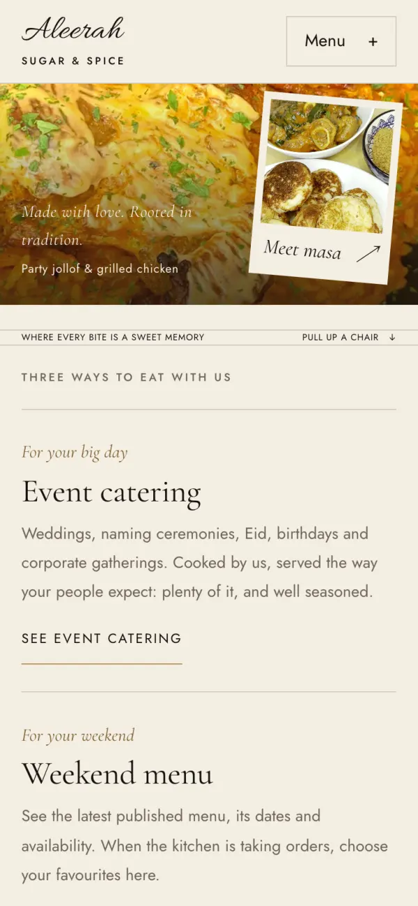 Event catering and weekend menu routes on a phone