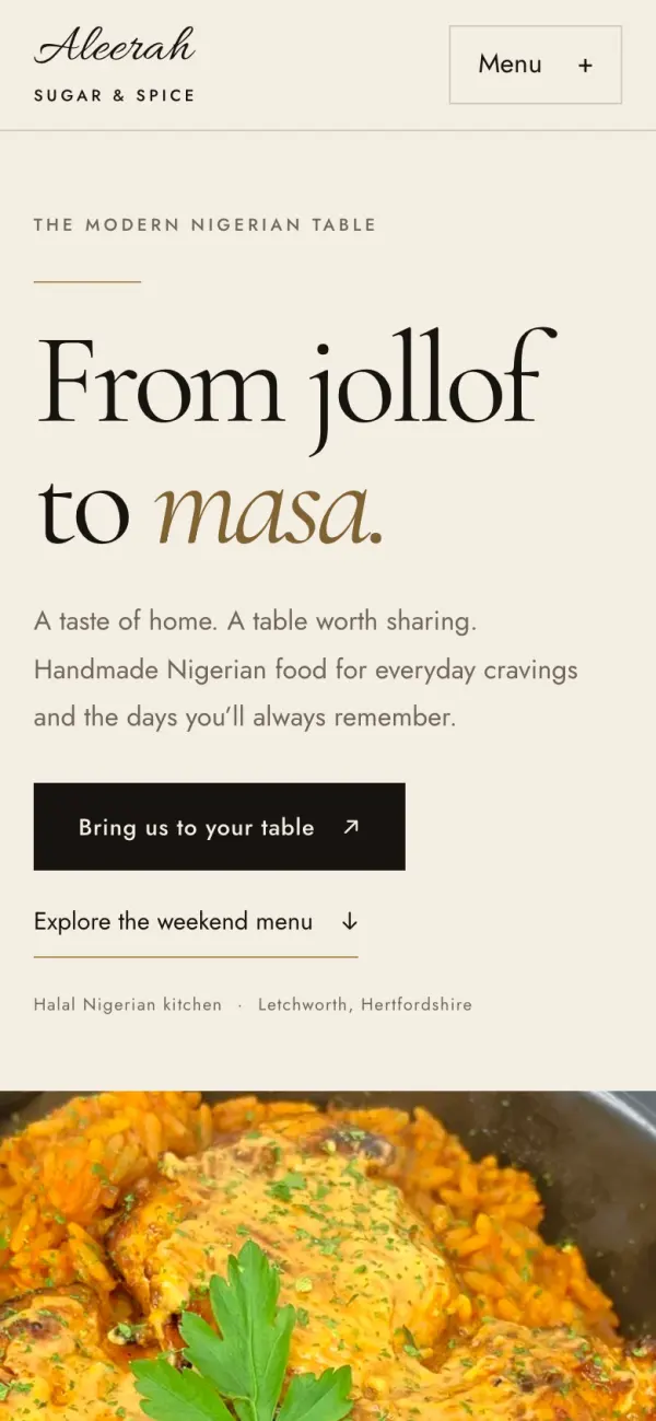 The Aleerah Sugar and Spice homepage on a phone