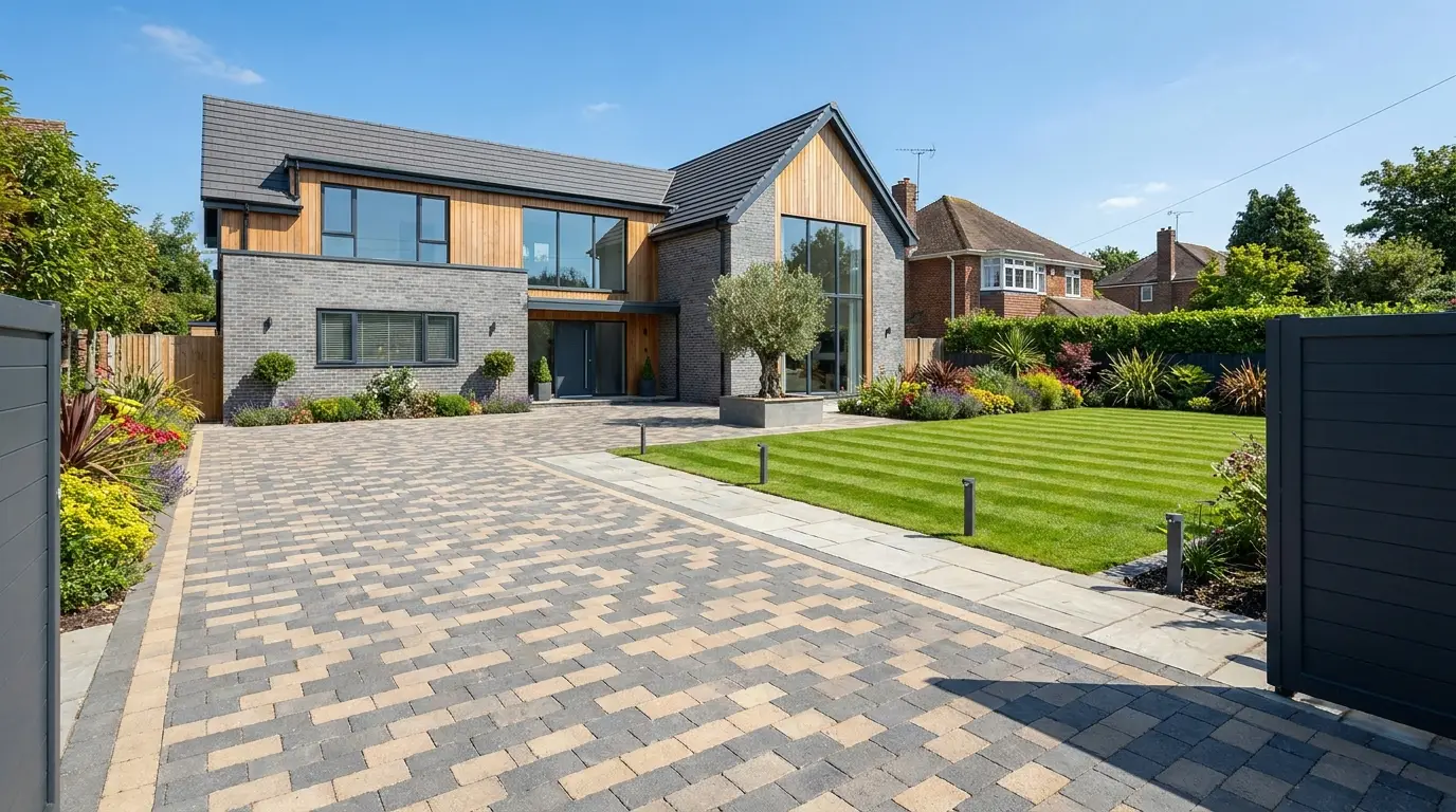 Greenline newly laid block paving driveway and landscaped front garden of a North Herts home