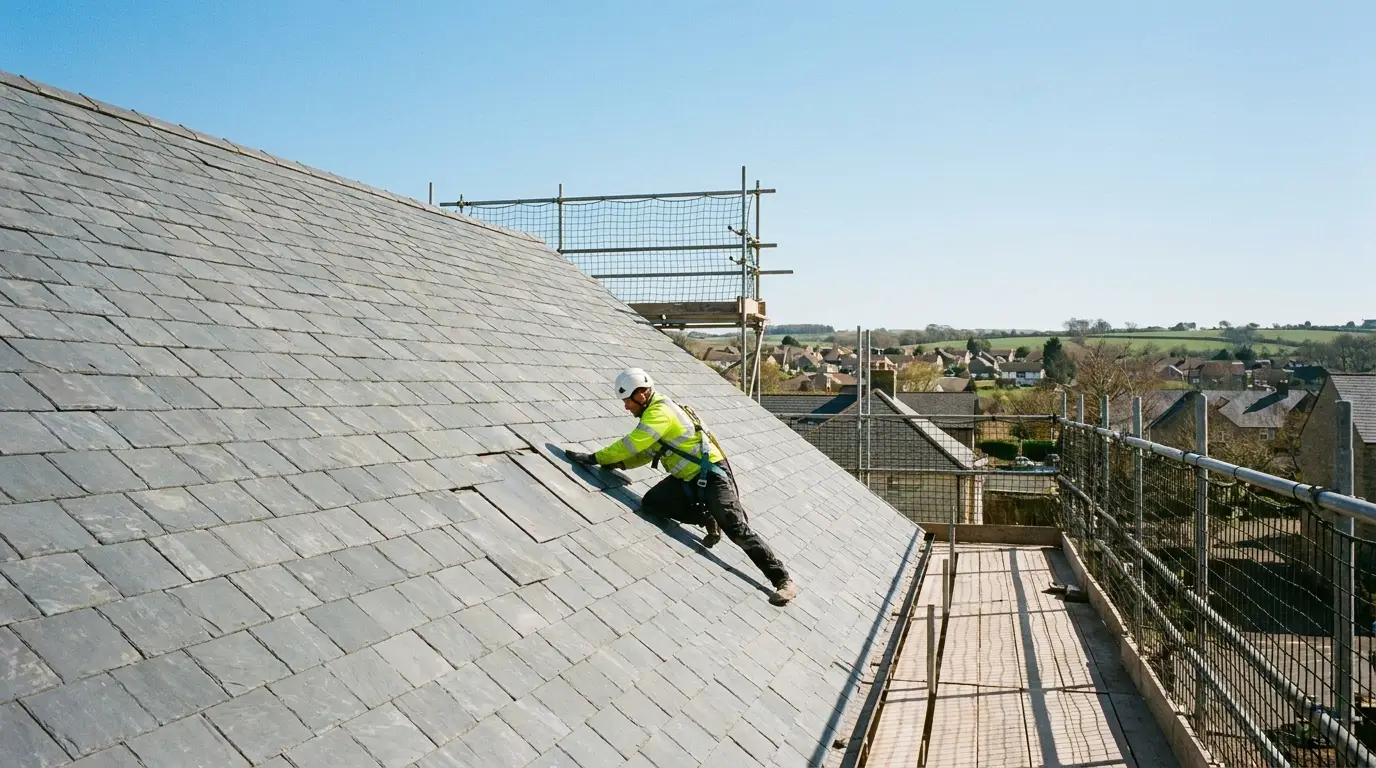 North Herts roofer laying new slate tiles on a residential pitched roof