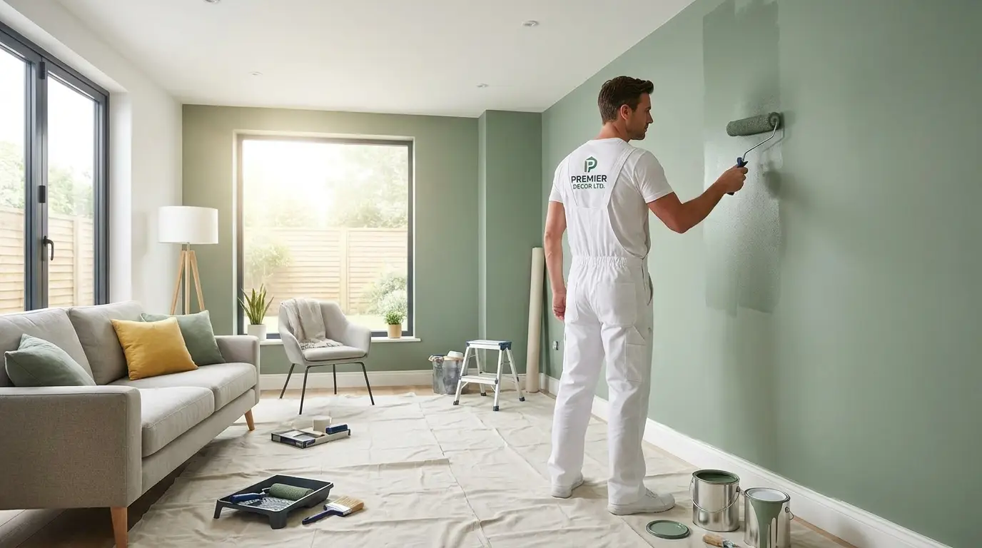 Perfect Finish decorator rolling fresh paint in a bright North Herts living room